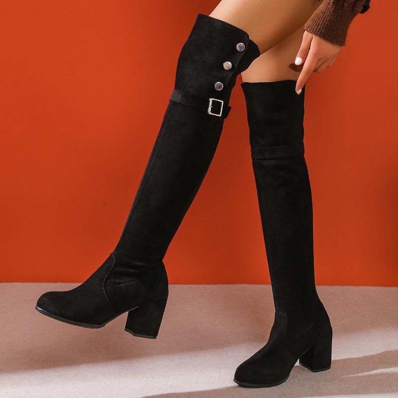 Cow Suede Solid Buckle Modern Boots Over-the-knee Slip-on Women's Shoes on Sale 2025 Fashion Slip-on Mid Heel Women's Boots