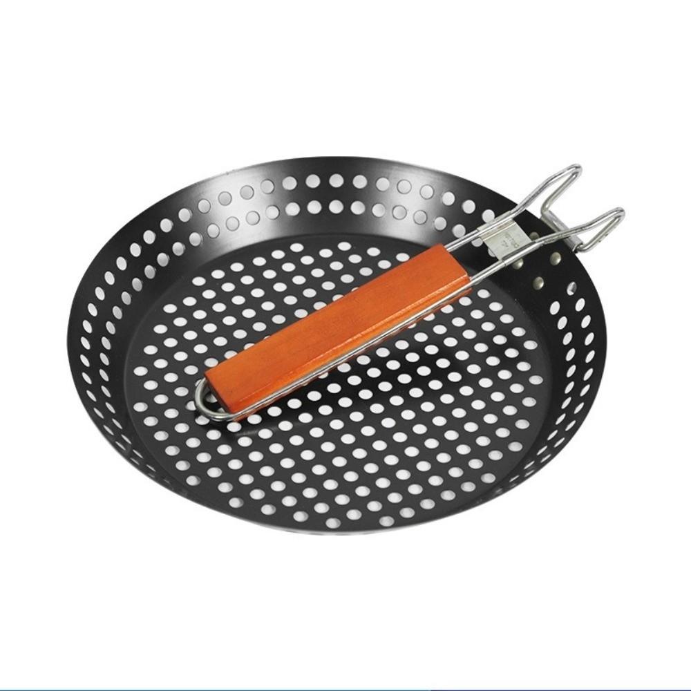 Wooden Handle BBQ Grilling Pan Folding Barbecue Plate Outdoor Grill Topper Kitchen Roasting