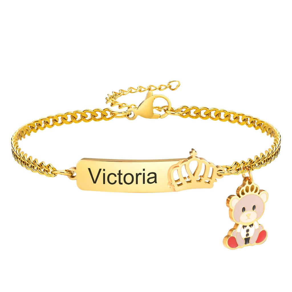 Customized Infant Stainless Steel Crown Chain Link Baby Bear Bracelet with Free Engraving for Kids Child Birthday Gift