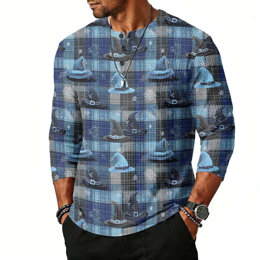 Men Casual Halloween Print Crew Neck Raglan Three Quarter Sleeve Shirt Lightweight Breathable Top for Everyday Wear