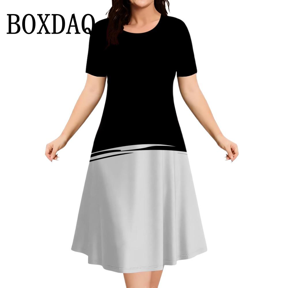 Summer Women Dress Fashion Plus Size Short Sleeve Dress Black White Contrast Color Loose A-Line DressClothing