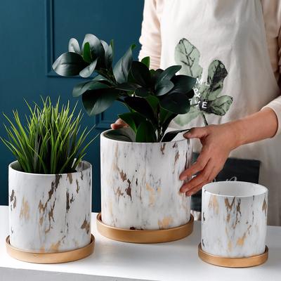 American Marbled Round Ceramic Flowerpot with Base Tray Succulents Potted Gardening Decoration Countertop Flowerpot Decoration
