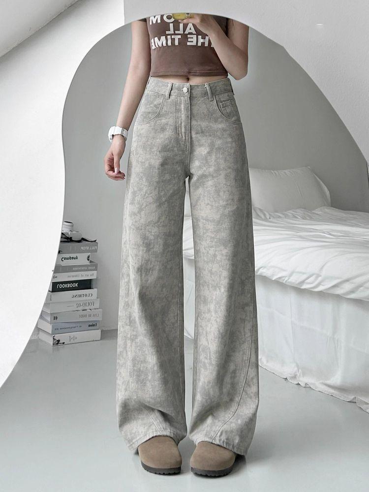 

Летние джинсы широкого кроя женские тонкие с принтом тай-дай нишевого дизайна свободные прямые брюки ретро уличный стиль мешковатые длинные джинсы для леди 4XL