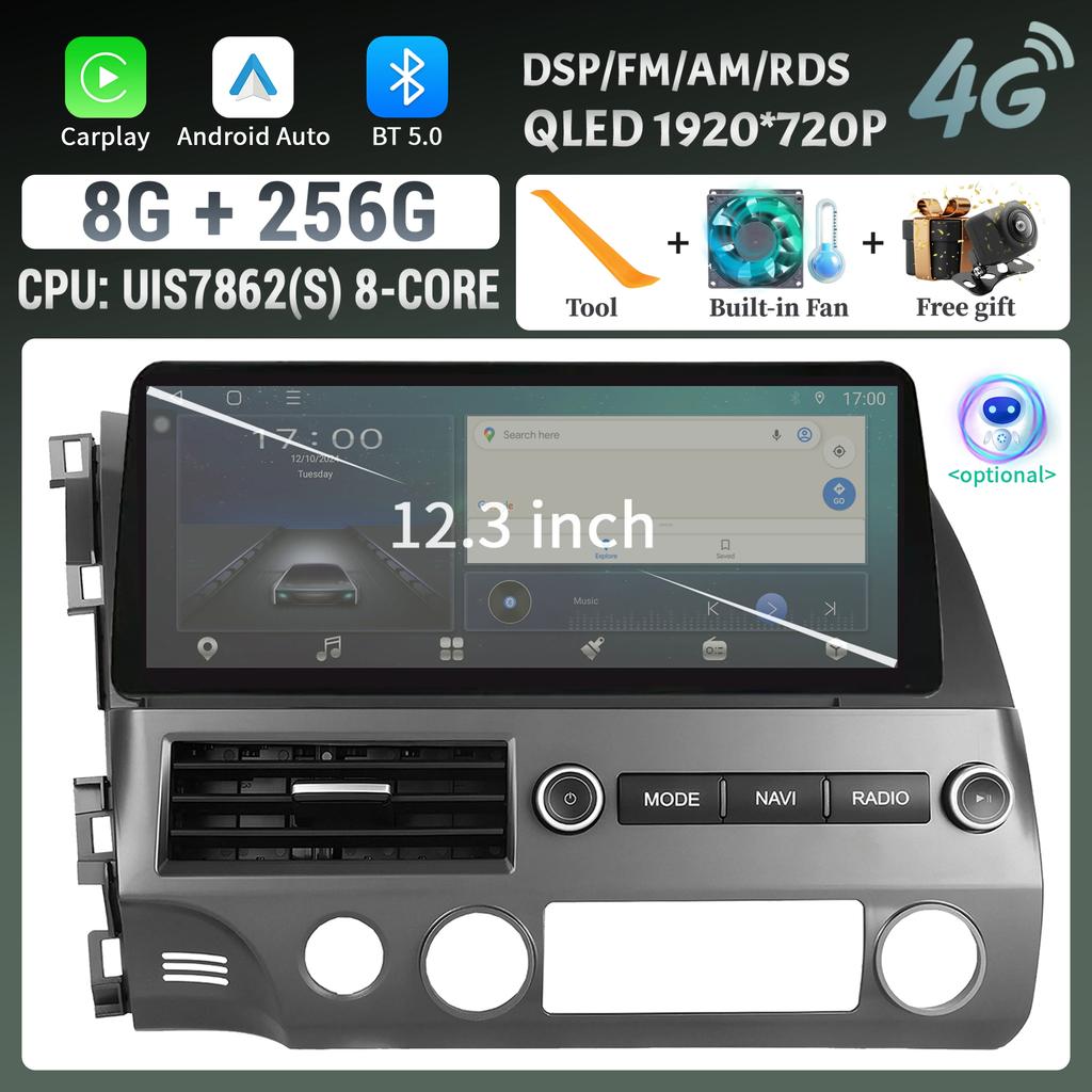 12.3" For Honda Civic 2005-2012 Car Radio Navigation Wireless BT CarPlay Android Multimedia 4G GPS Touch Head Unit Screen Stereo