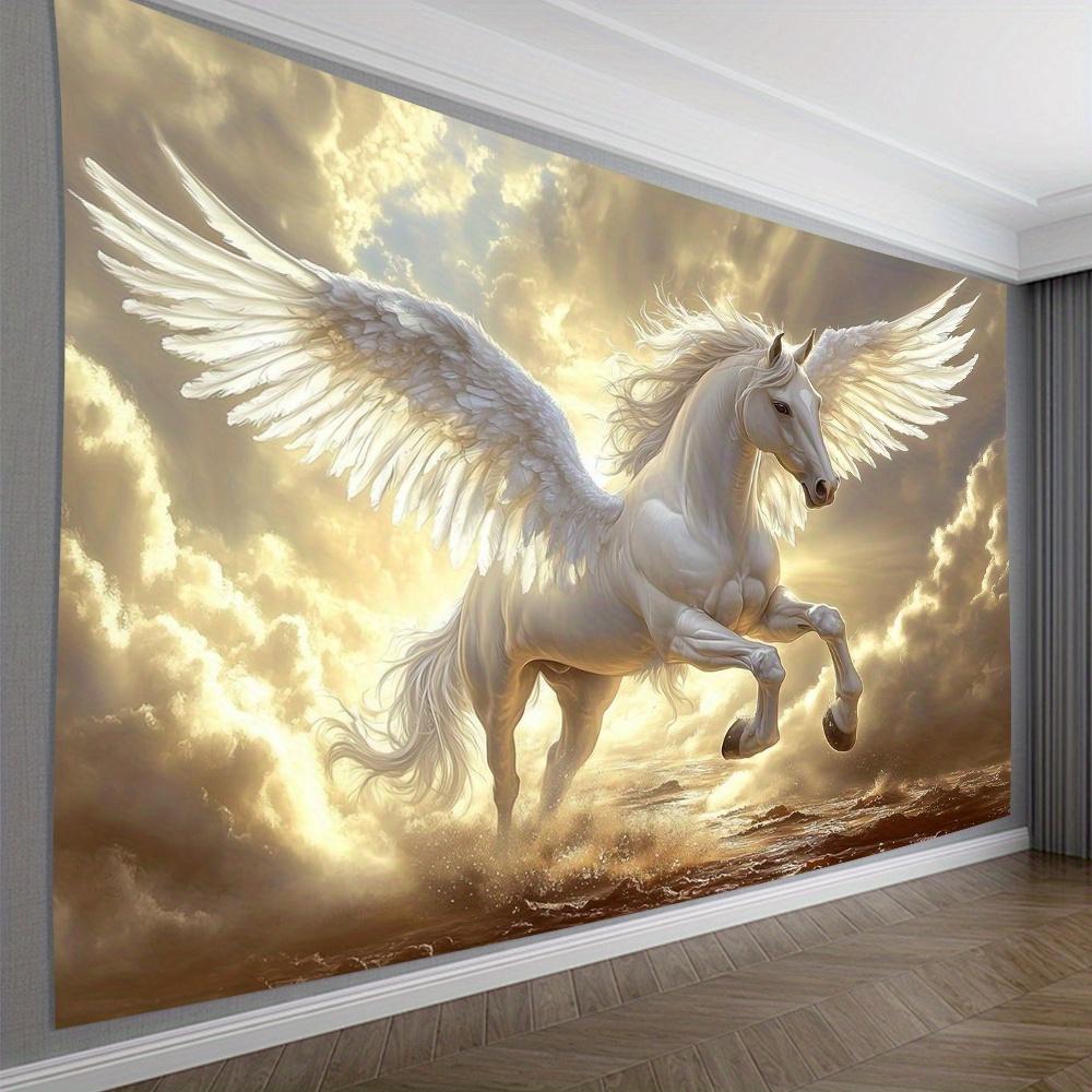 Pegasus Horse Tapestry, White Winged Steed Galloping over Ocean Waves, Mythical Fantasy Wall Hanging for Bedroom Living Room