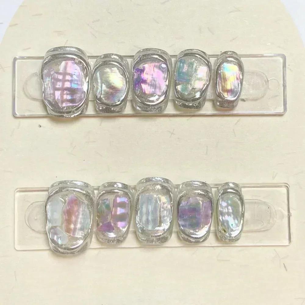 10Pcs Handmade Press On Nails Simple Metallic Full Cover Glitter Silver French Ballerina False Nails Wearable Manicure Nail Tips