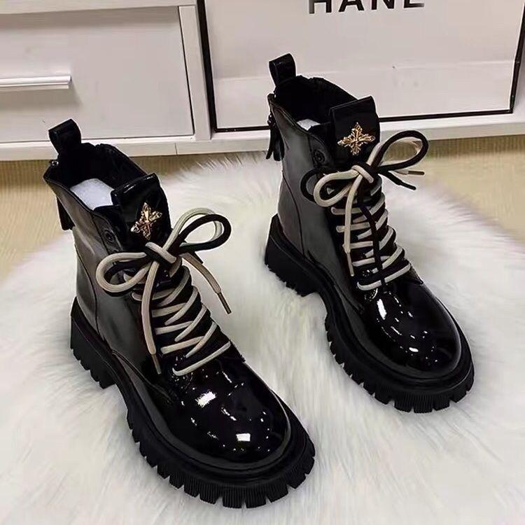 Damen Europäischer Stil Echtes Weiches Leder Martin Stiefeletten - Herbst/Winter Mode, Mittelhoch, Dicke Sohle, Britischer Stil.