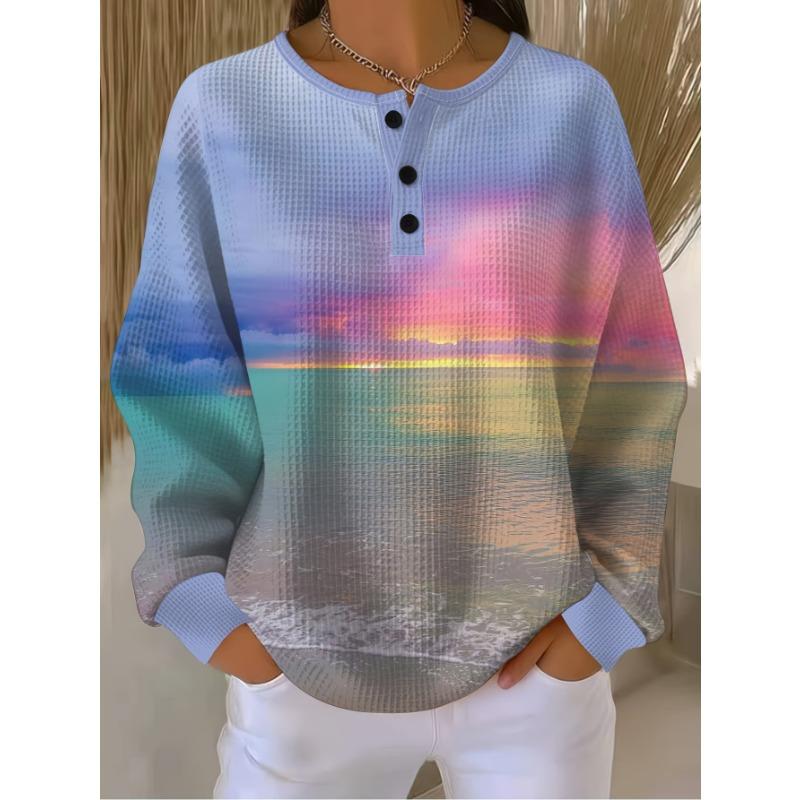 Standard Size Women's Three-Button Henley Collar Waffle Long-Sleeve Top Featuring a Seaside Sunset Seascape Print.