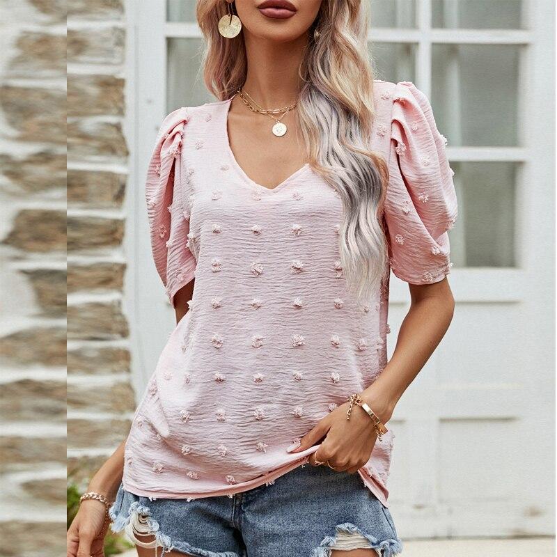 

Летняя женская одежда в горошек, модная шифоновая рубашка с v-образным вырезом, однотонная пышная блузка с короткими рукавами, повседневные свободные синие топы Blusas Mujer 25024 XL розовый