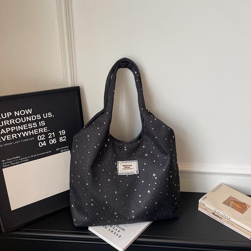 Fashi Solid Nyl Youth Women's Tote Bag Star Print Large Capacity Casual Shoulder Bags School Work Travel Daily Use Handbag