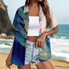 Women Casual Summer Beach Shirt Textured Print Short Sleeve Button Down Jacket Top Lightweight Loose Fit