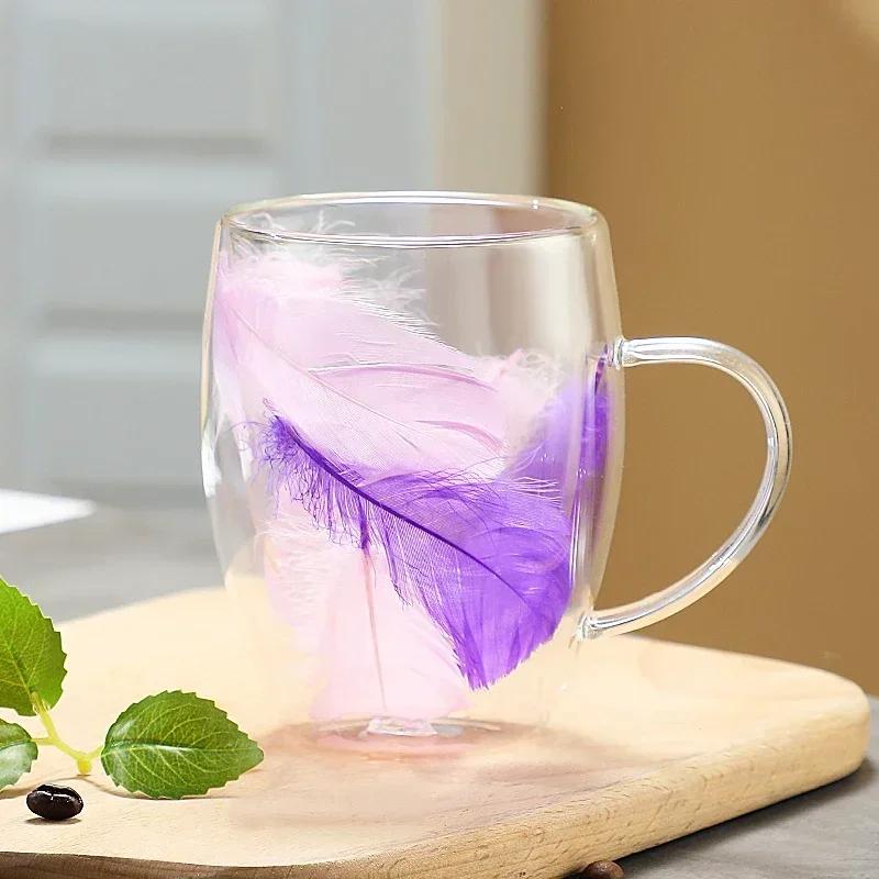 Transparent Feather Double-layer Glass Cup Creative Household Coffee Cup With Handle Heat-resistant And Cold-resistant Glass Cup