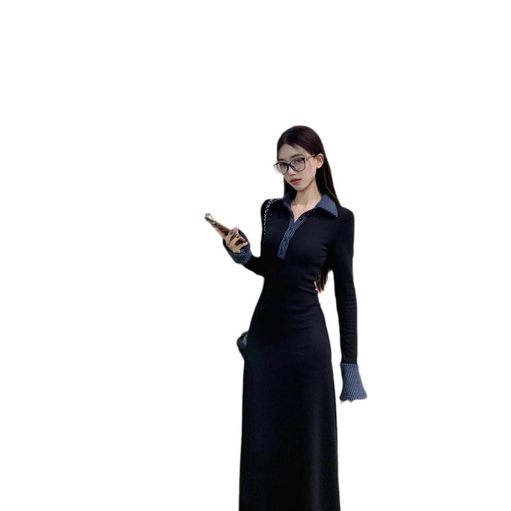 Women's Spring Collection: Black Slimming Ruffle Long Dress with Turn-Down Collar and Waist-Cinching Design