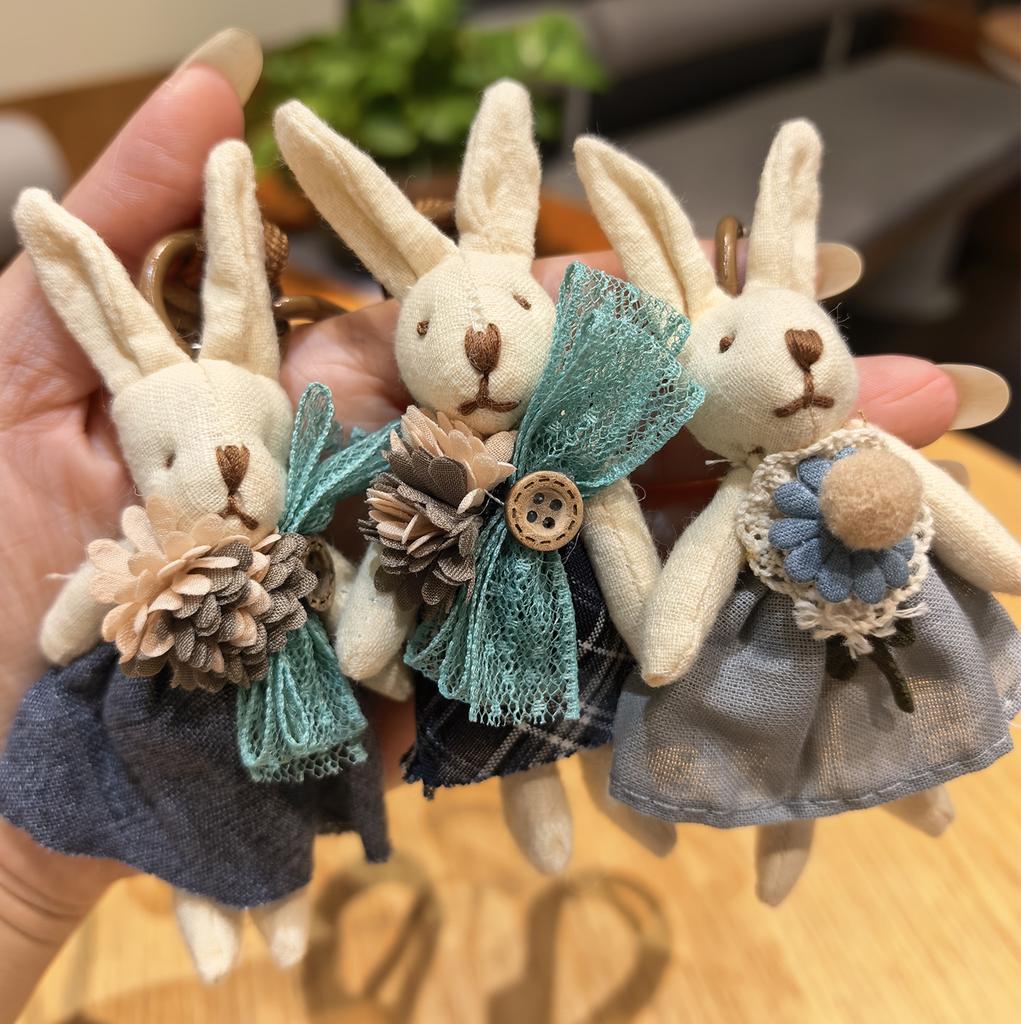 Cute Fabric Bunny Bag Charm, Handmade Plush Rabbit Keychain with Flower Dress & Braided Rope
