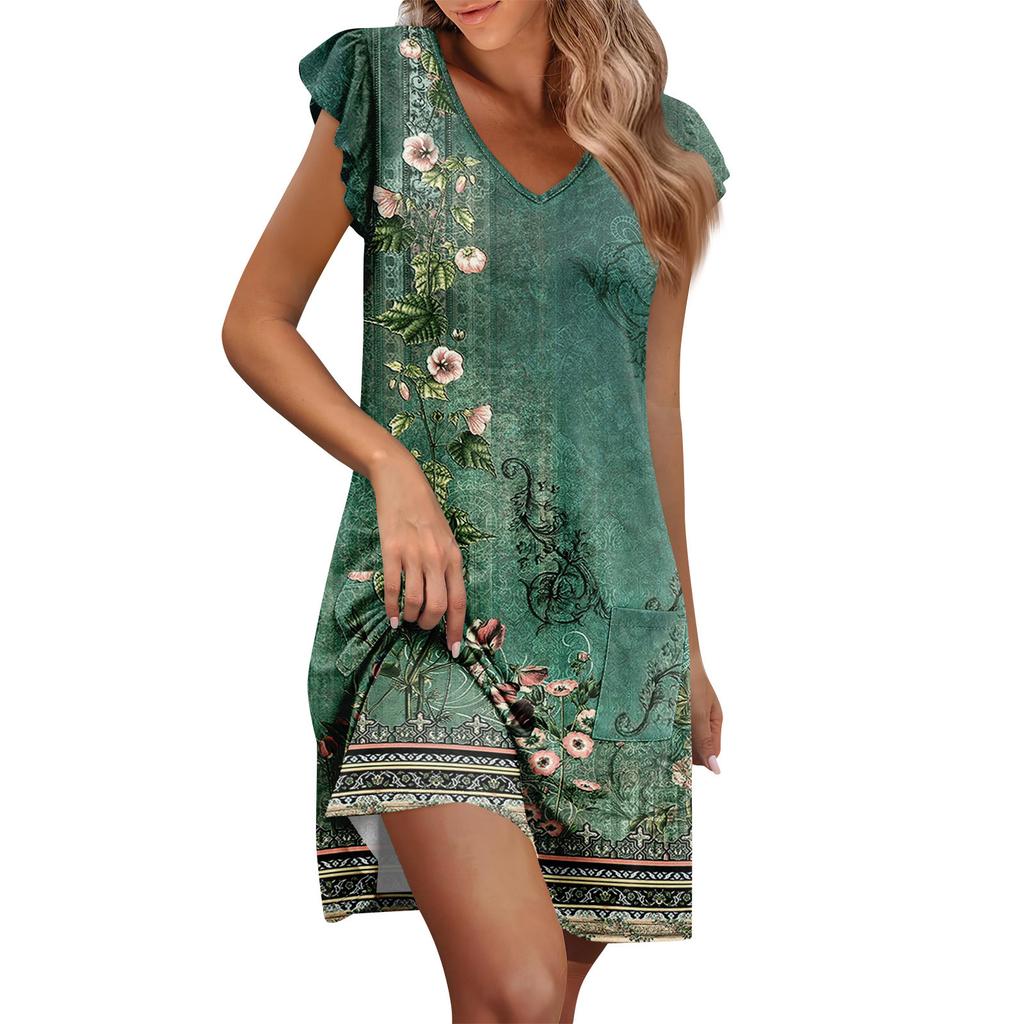 Womens Summer Dress Ruffle Sleeve V Neck Short Dresses Fashion Casual Flowy A Line Swing Sundress With Pocket