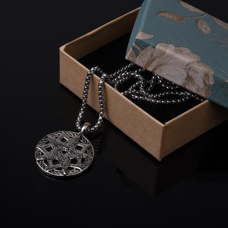 Trendy Men Necklace European and American Long Style Domineering Personality Pentagram Disc Pendant