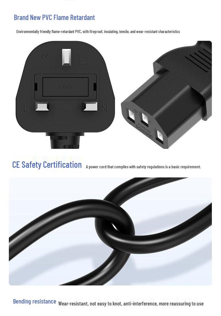 UK Standard Pure Copper Y-Type Power Cord: One-to-Two Computer Plug with Three-Pin Plug and Figure-Eight Tail