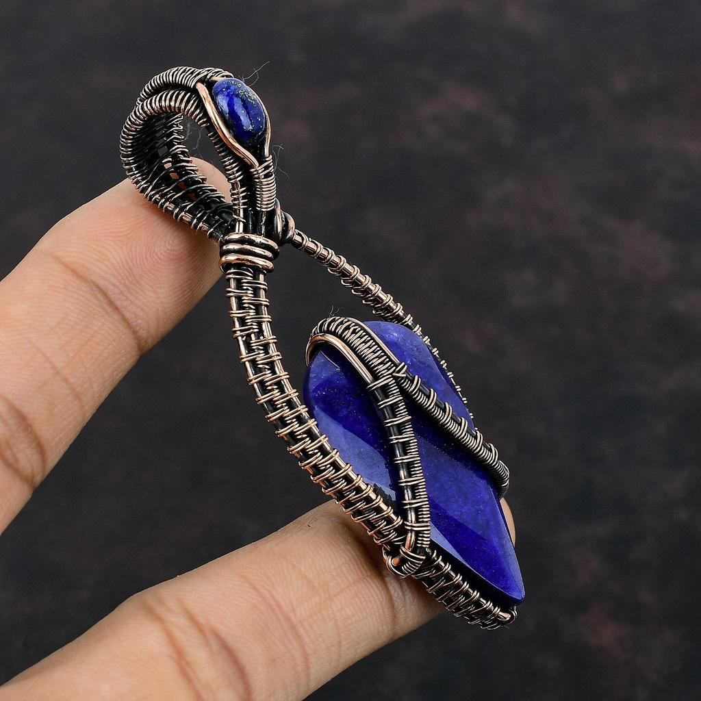 Faceted Blue Sapphire Pendant Copper Wire Wrapped Pendant Lapis Lazuli Gemstone Pendant Antique Copper Jewelry Handmade Jewelry Gift For Him