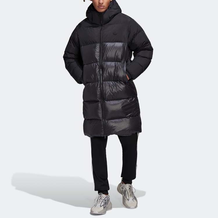 Adidas Originals Trefoil Spliced Design Mid-Length Duck Down Hooded Puffer Jacket Men Outerwear Black HL9209