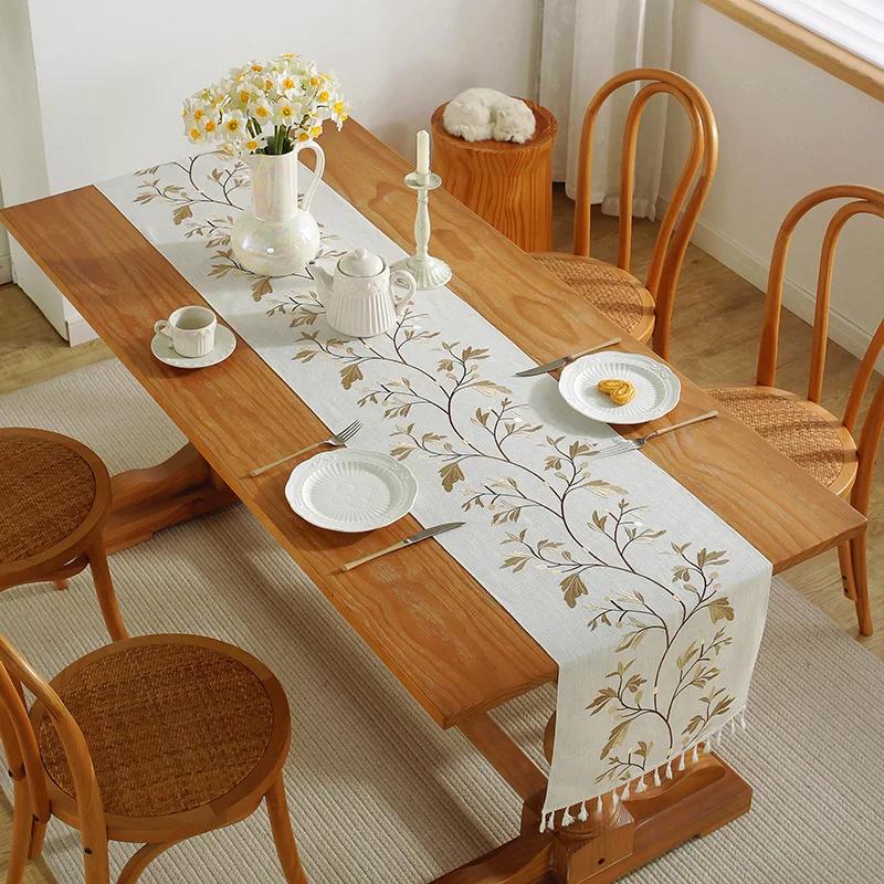 Boho Table Runner Rustic Farmhouse Embroidered Table Cover Tassels for Dresser Coffee Table Home Dining Holiday Party Decoration