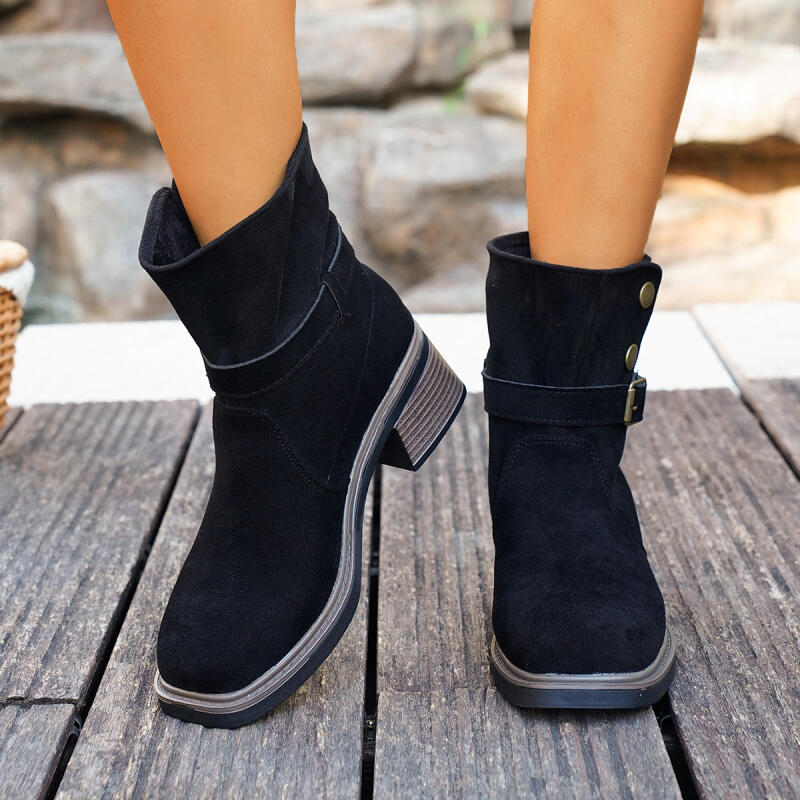 Vintage Square Toe Black Suede Ankle Boots Women Winter Metal Buckle Thick Heel Western Cowboy Boots Woman's Short Booties