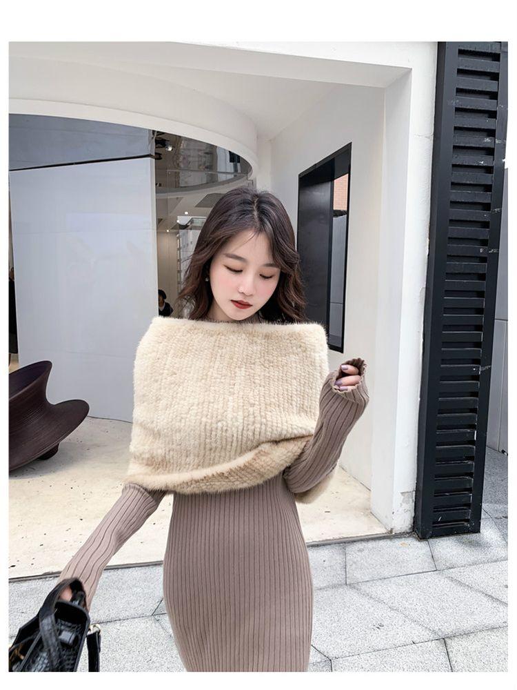 MWFur Fashion Mink Fur Warp Winter Fashion Shawl Hand Knit Luxury Mink Fur Scarf Wrap Collar Shawl Shrug