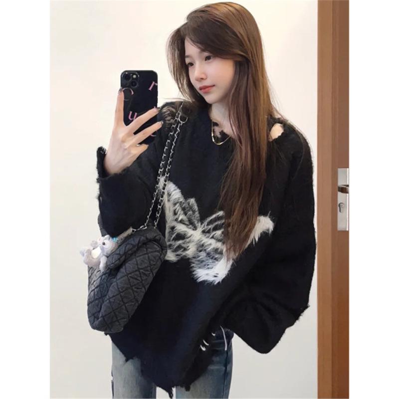 

Женский мягкий клейкий вязаный свитер - стиль японского банта, рваный дизайн для осени/зимы One Size чёрный