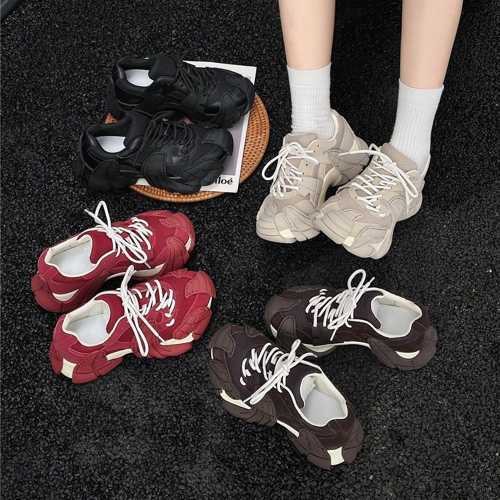 2025 early autumn new small 6cm muffin bottom versatile niche lace-up casual women's fashion breathable dad shoes