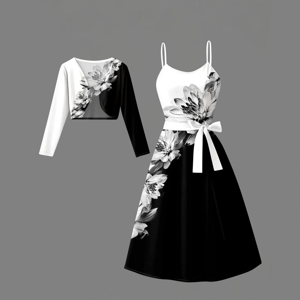 Women's  Fashionable And Casual Long-sleeved Short Cardigan Top + Belt + Strappy Dress Set