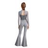 Girls Jazz Dance Costume Mock Neck Long Sleeve Cutout Back Sheer Mesh Sequins Bell Bottom Jumpsuit