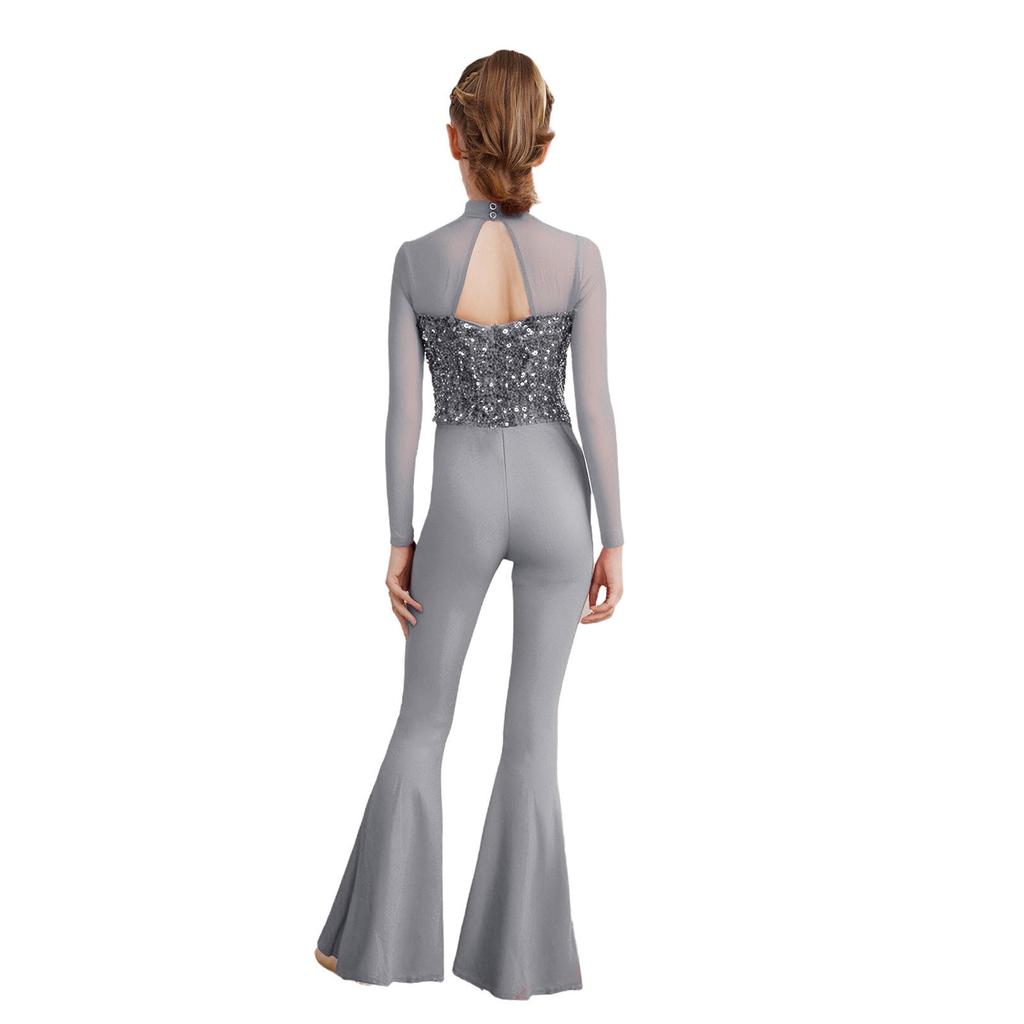 Girls Jazz Dance Costume Mock Neck Long Sleeve Cutout Back Sheer Mesh Sequins Bell Bottom Jumpsuit