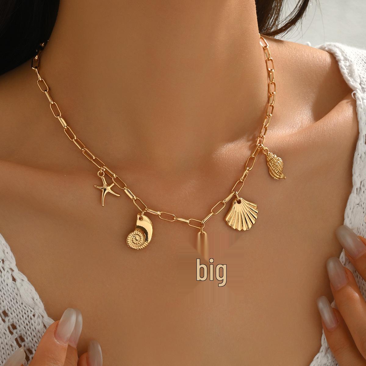 Ocean Series Shell Pearl Starfish Necklace for Women - Beach Vacation Clavicle Chain Pendant