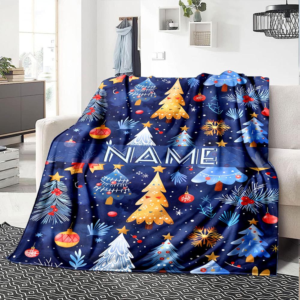 Christmas Trees And Ornts On A Blue Background With The Word In The Center Gift Personalized Blanket Customize Your Name Comfortable Suitable For Sofa