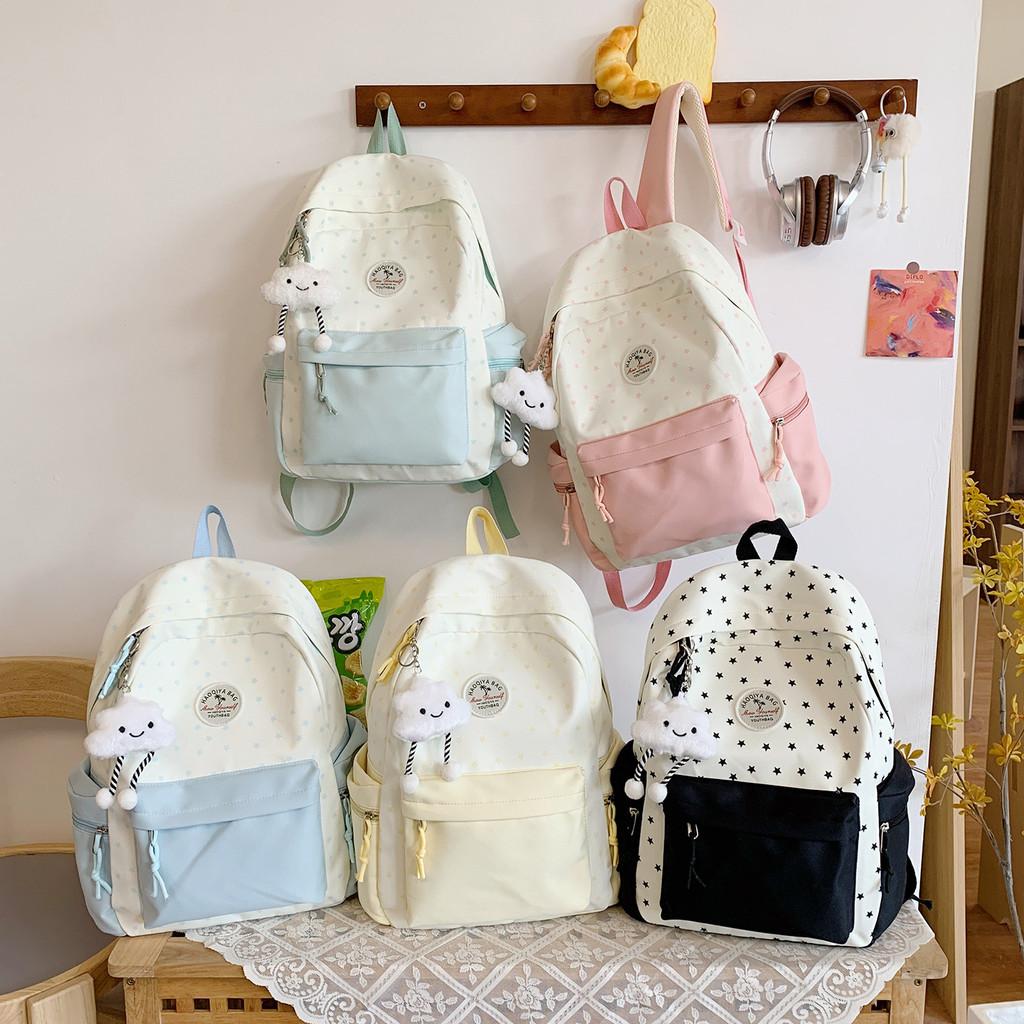 Trendy Lightweight Student Backpack With Polka Dot Print Color Blocking Design For School Use