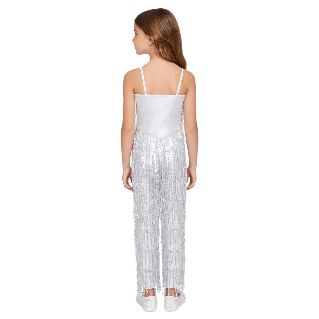 Girls Disco Latin Dance Jumpsuit Multi Layer Shiny Sequin Tassels Sleeveless Adjustable Straps Long Pants
