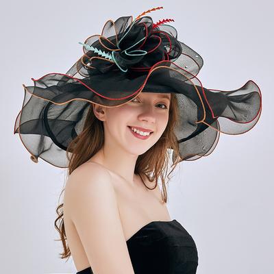 Elegant Flower Organza Sun Hat Wide Brim Lace Derby Hats Sequins Embroidery Thin Breathable Travel Beach Hats for Women Girls