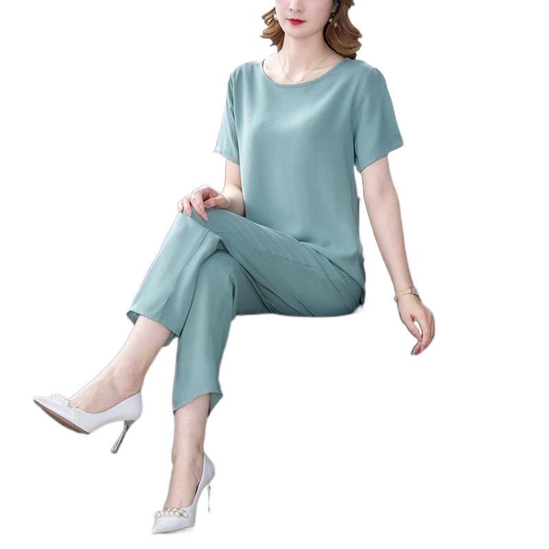 Damen Baumwollseide Zweiteiler: Sommer-Oberteil mit kurzen Ärmeln & Lange Hose, Große Größen, Modisch & Locker geschnitten.