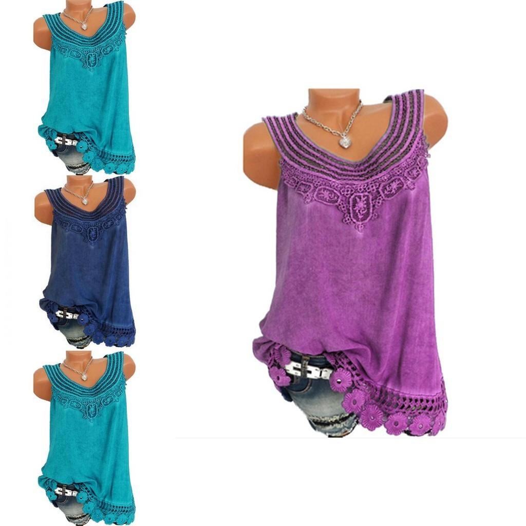 Women's Loose Sleeveless Vest T-shirt Blouse With Elegant Boho Lace Design In Plus Sizes