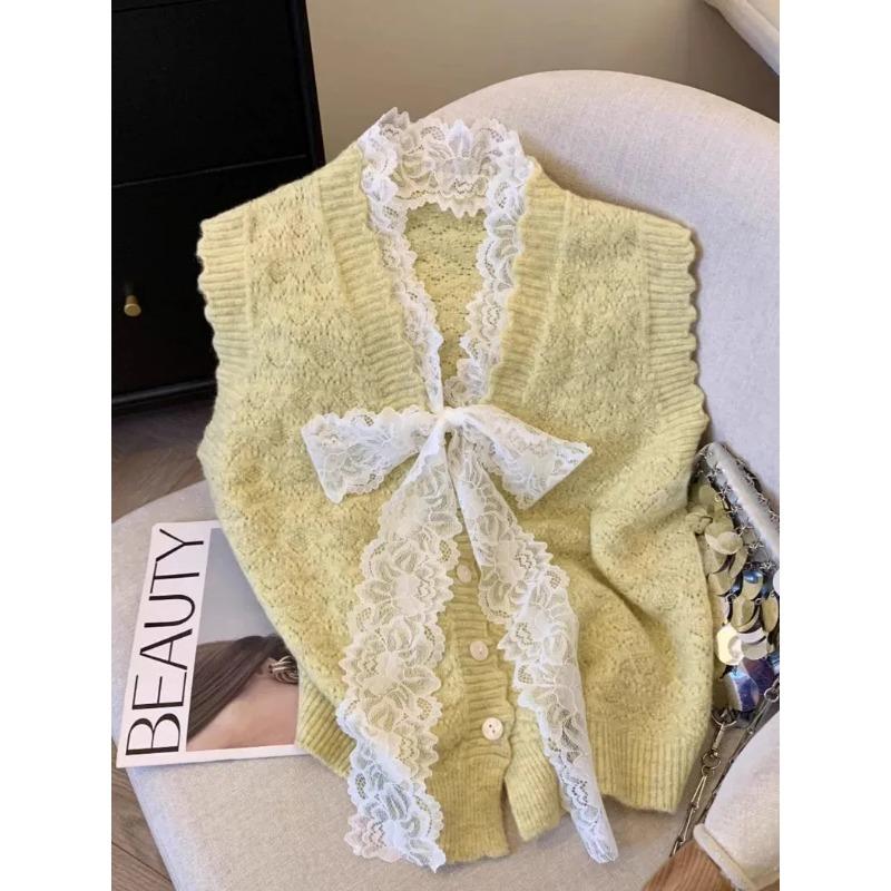 Lace Bow Vest Sweater Women's New 2025 Autumn Outer Layered Sweater Vest