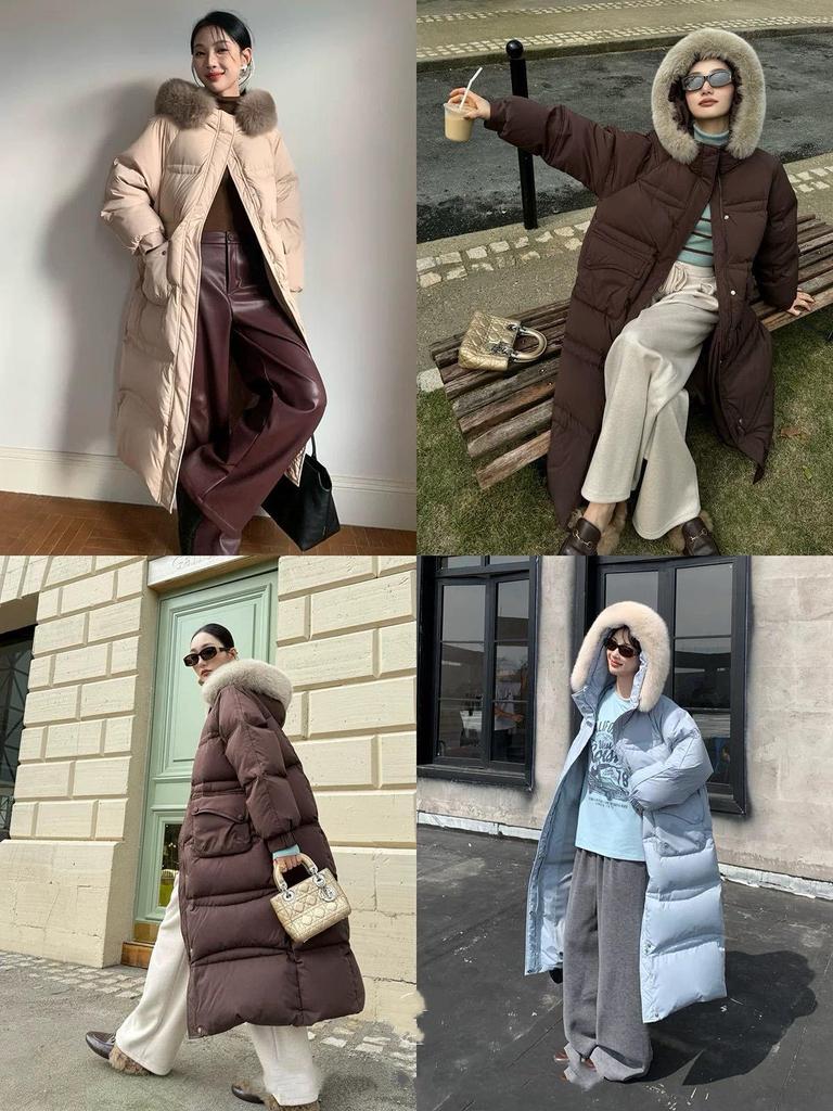 Longue Doudoune à Capuche pour Femme avec Fourrure de Renard Véritable, 90% Duvet de Canard Blanc, Longueur au-Dessus du Genou, Épaisse et Chaude