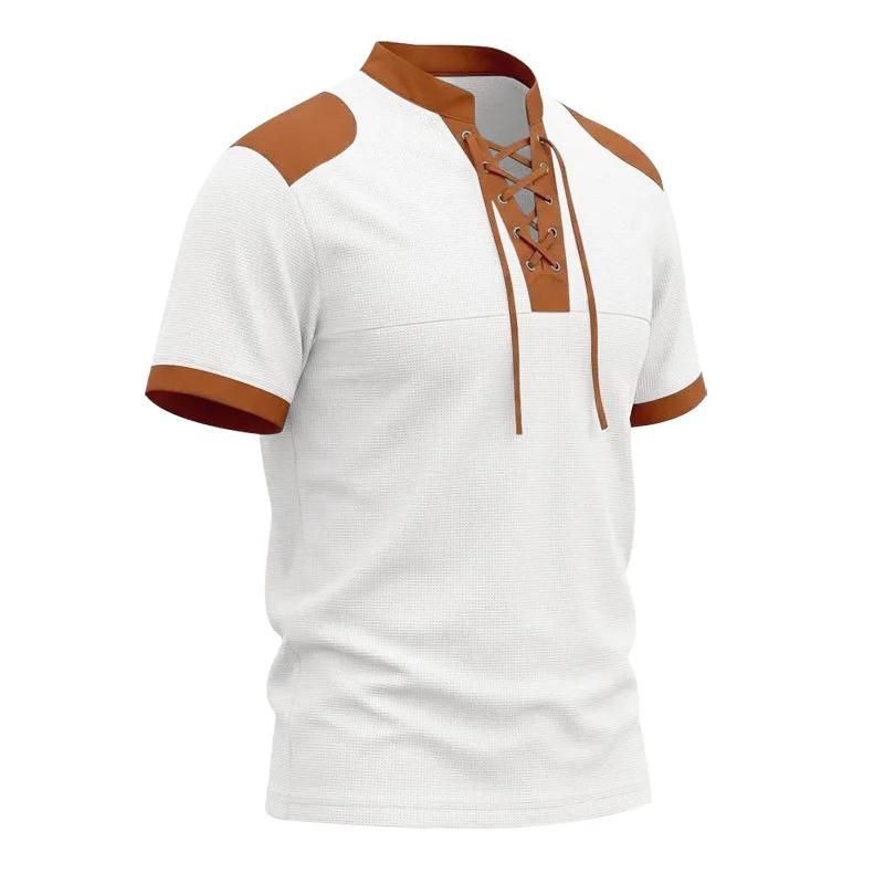 Summer Vintage Style Casual T-Shirts Men Patchwork Drawstring Loose Male Tshirt Short Sleeve Fashion Pull On Tees Streetwear