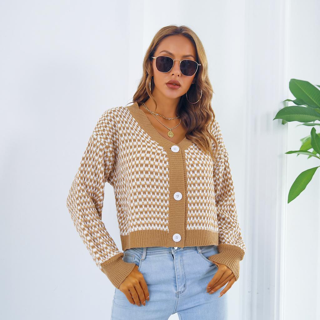 QICED Moda damă ocazional imprimeu carouri toamnă iarnă cu mâneci lungi cu decolteu în V pulovere largi