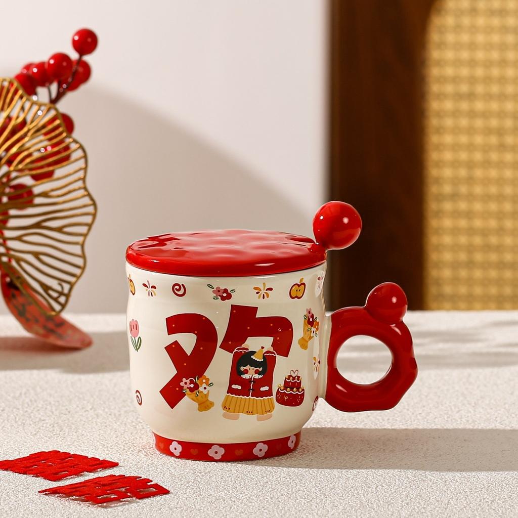 Wedding Gift Souvenir Mug Couple Pair Cup with Lid Spoon Ceramic Cup Set Gift Box Small Gift Water Cup