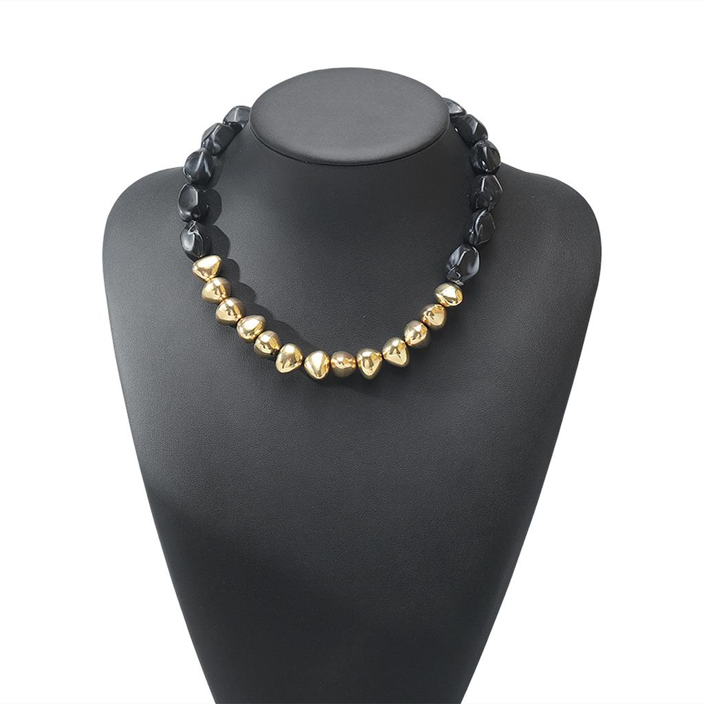 Women Choker Gold Tone Marbled Resin Stone Beads Necklace Accessories