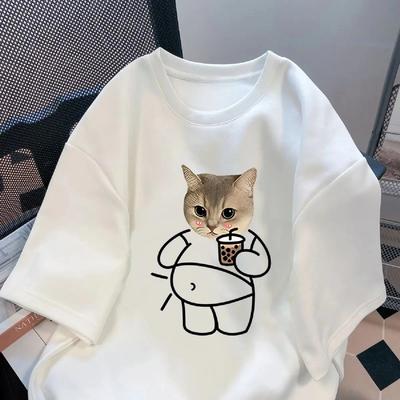 2025 New Summer Cute Kitten Print Short-sleeved T-shirt Couple Clothes Ins Korean Version Versatile Trendy Top for Women