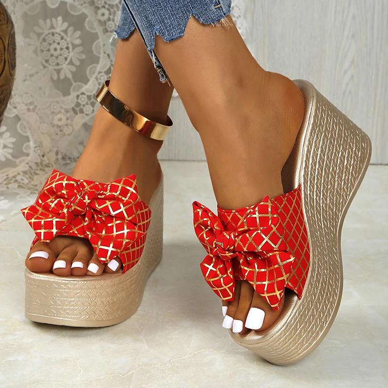 Fashion Bowknot Decor Chunky Platform Sandals Women Fashion Plaid Pattern Wedge Heel Sandals Woman Summer Thick Bottom Beach Slippers