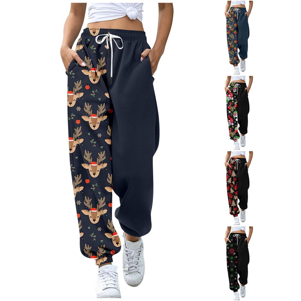 Women's Christmas  Print Casual Pants Drawstring Elastic Waist Drawstring Pants WIth Pockets