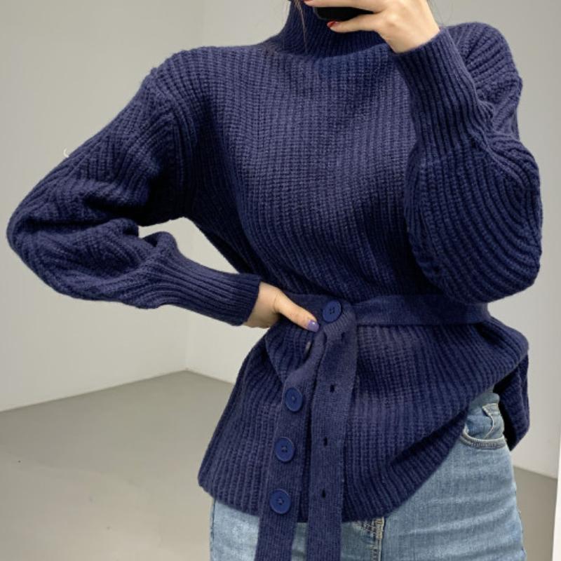 

IHUASU Женская куртка-свитер с высоким воротником и завязками в стиле ленивой моды на осень и зиму с рукавами-фонариками XL синий