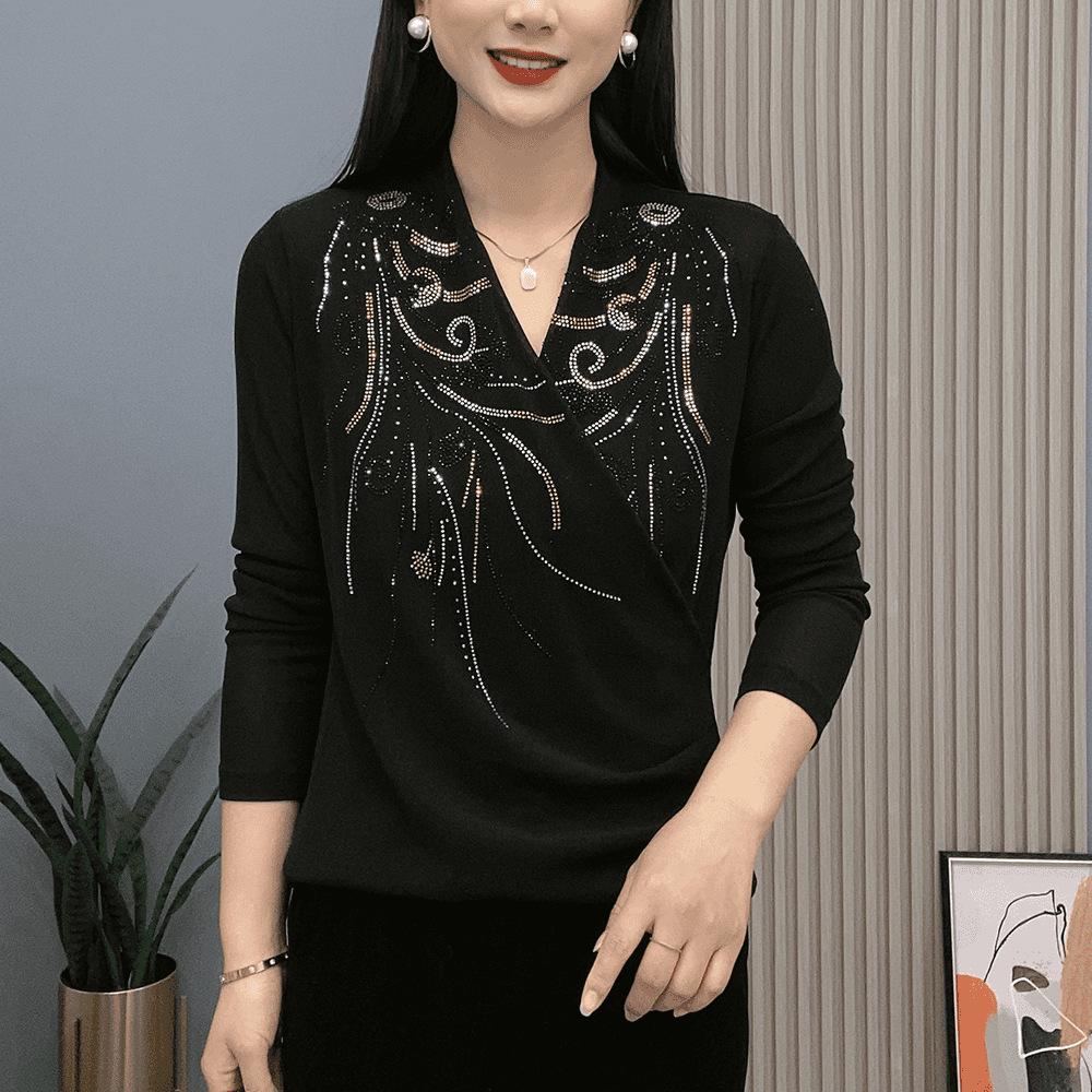 Autumn/Winter Cross-Neck Rhinestone Phoenix Long-Sleeve Base Layer Shirt