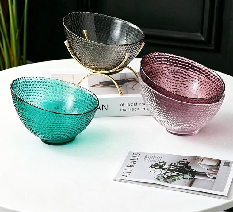 High-Value Gold Rim Glass Salad Bowl - Light Luxury Large Fruit Plate with Elevated Slanted Mouth Design.